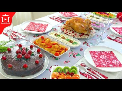 Yılbaşı Menüsü Davet Sofrası Yemekleri - Tavuk Dolması , Salata , Meze , Çikolatalı Pasta
